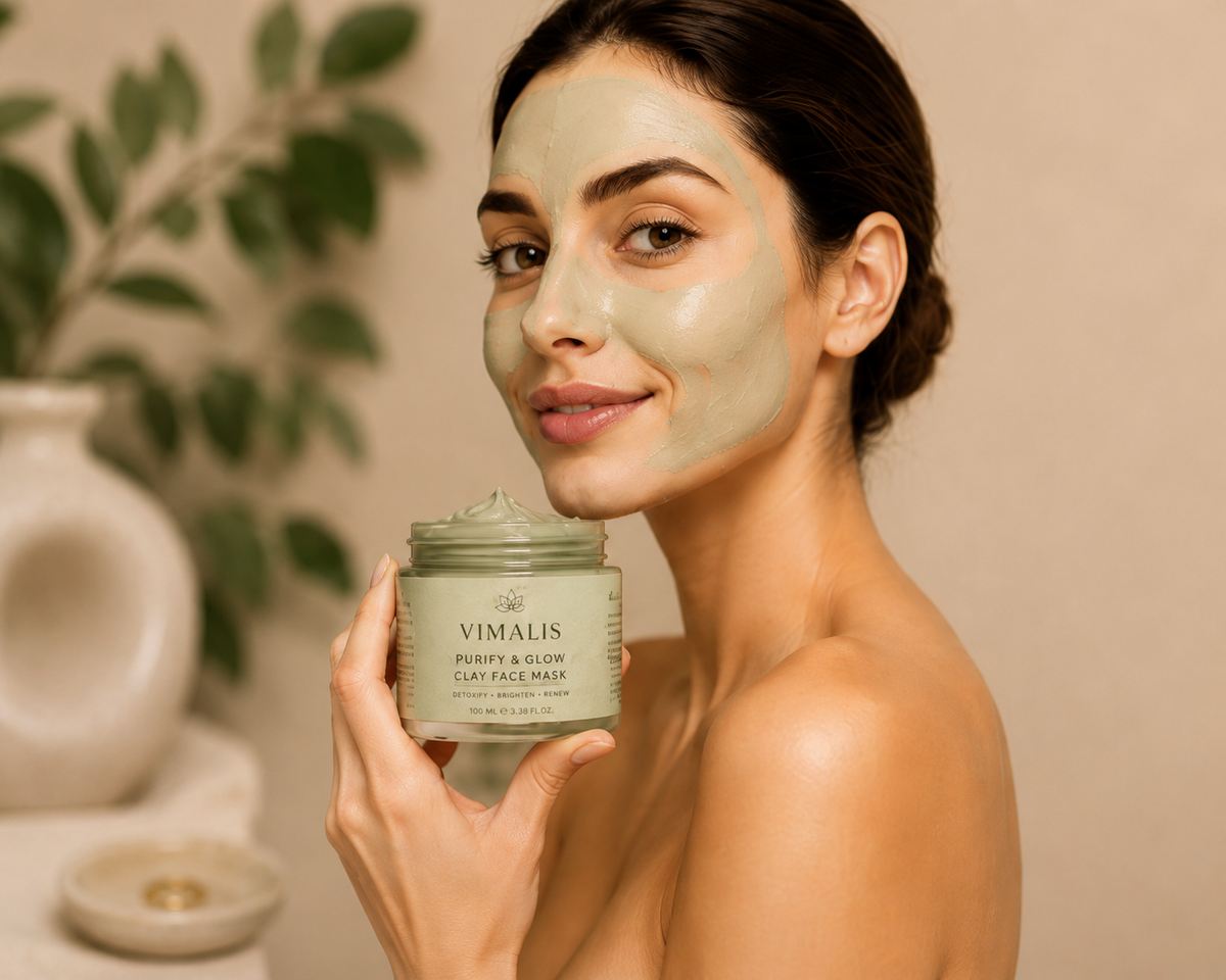 Woman holding a jar of Vimalis skincare product with a neutral background
